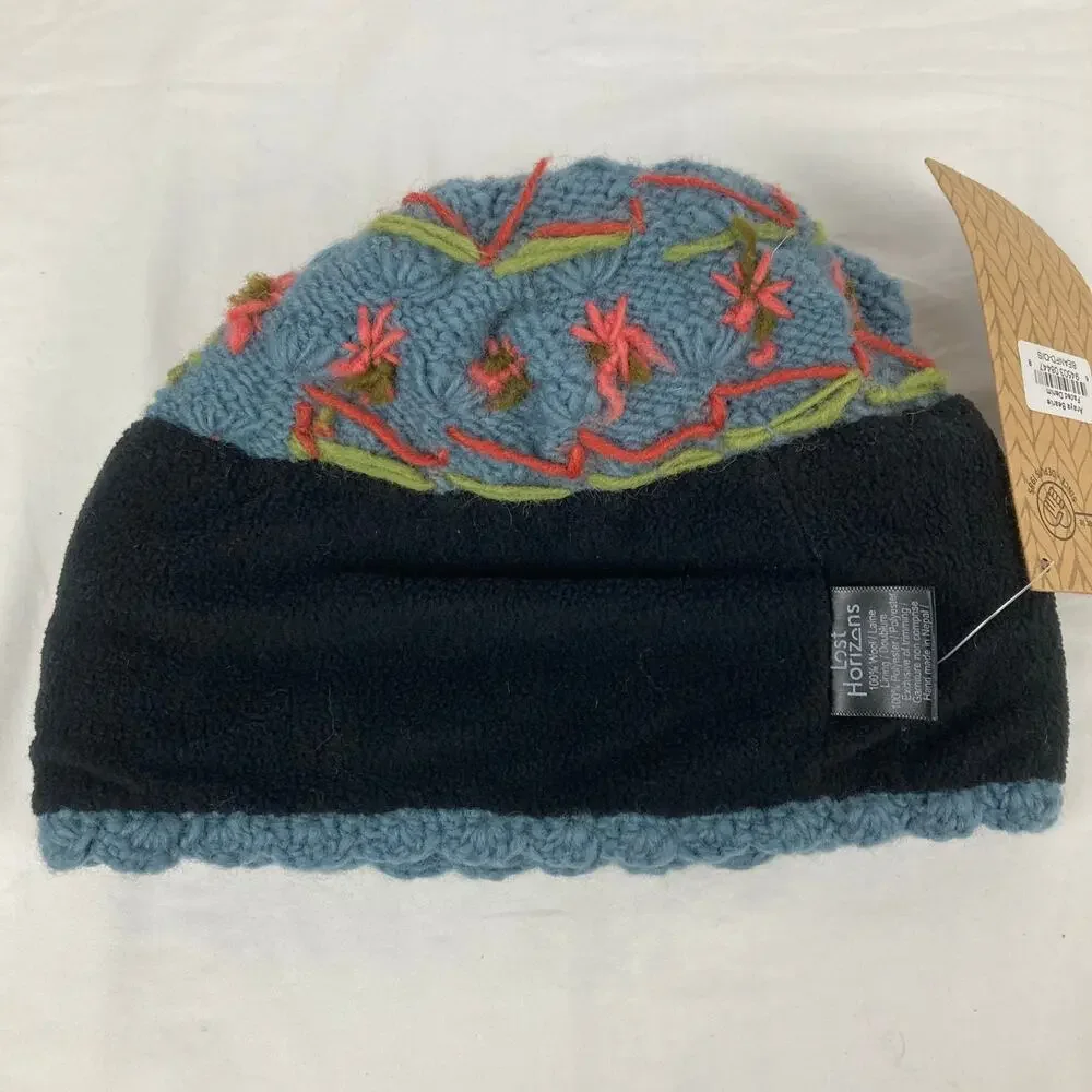NWT Lost Horizons Anaya Wool Beanie Womens Blue Floral Embroidery Pom Nepal
